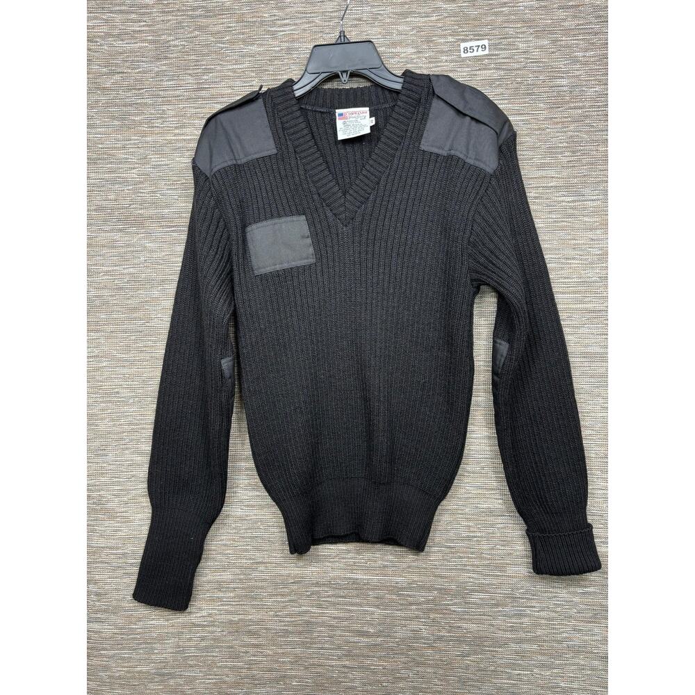 Commando Sweater Mens XL (46) Black V Neck Wool Military Shoulder Elbow Patches